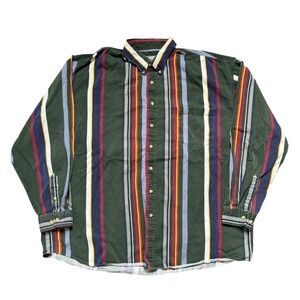 NorthCrest Mens XXLT Green Multi Color Vertical Stripe Button Down Shirt Cotton